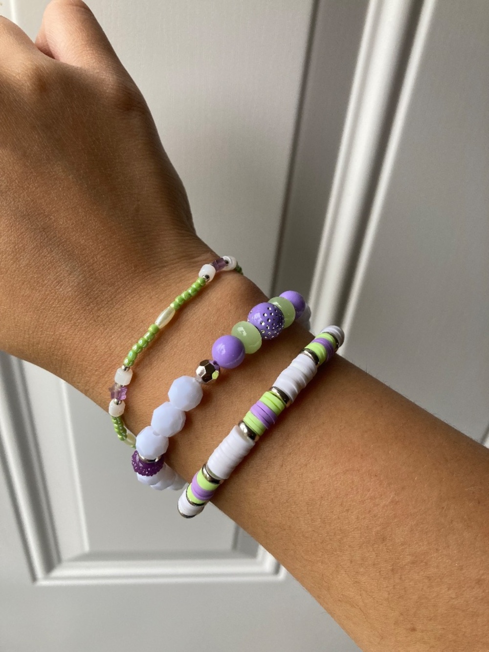 Green, White, Purple Pre-Stretched Bracelet Set - 6.5” - Picture 2 of 6